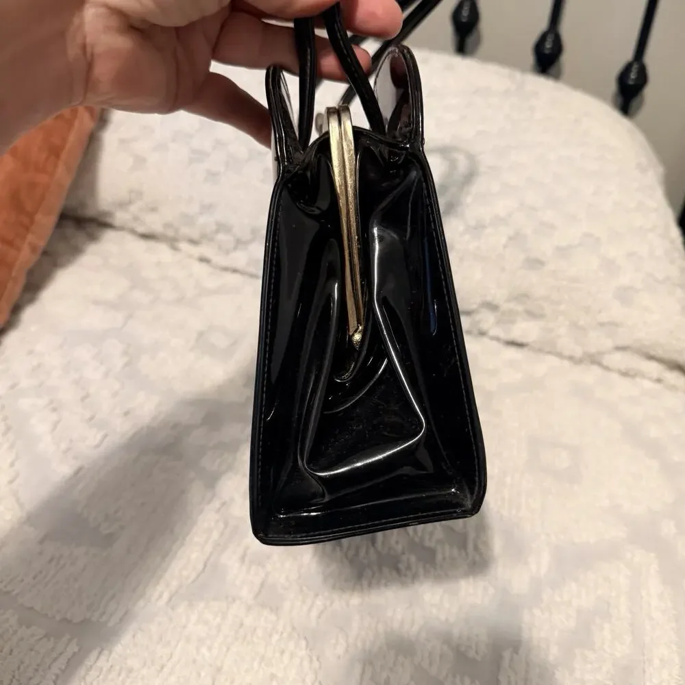 True Vintage 1960s Purse Black Handbag Gold Tone Kiss Lock Dressy Makers Mark
